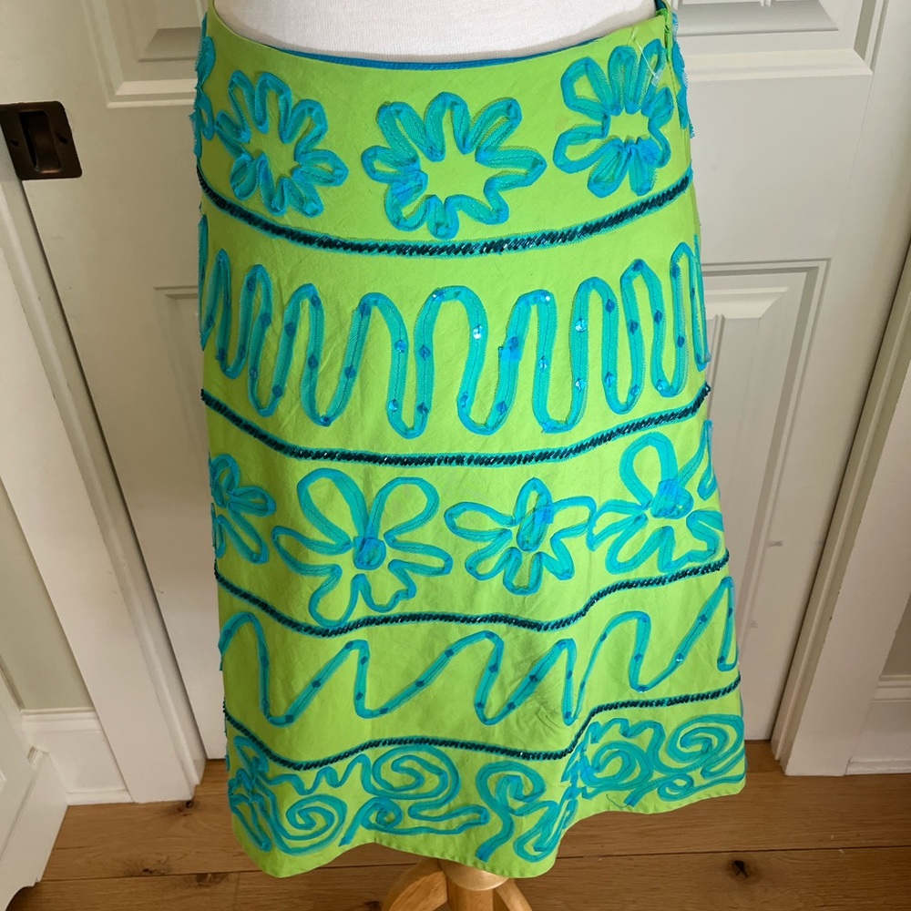 Retro Vintage 80's BASIL & MAUDE Aqua Green  Beaded A-Line Skirt 2 Cotton Blend